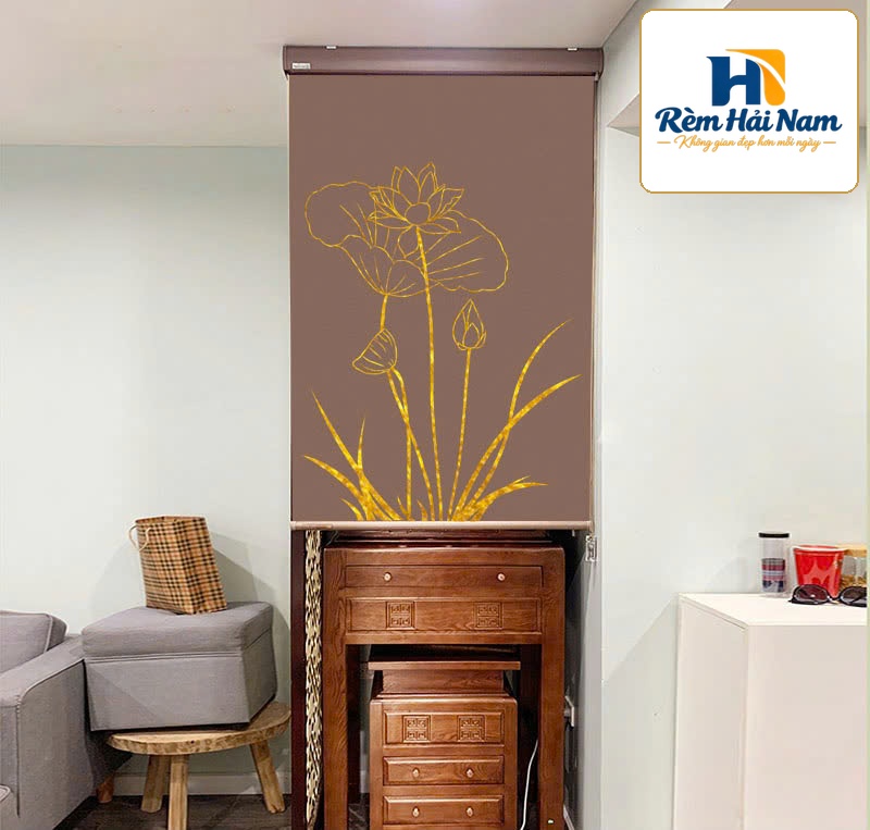 Rèm cuốn che bàn thờ giá rẻ in họa tiết hoa sen-RBT61