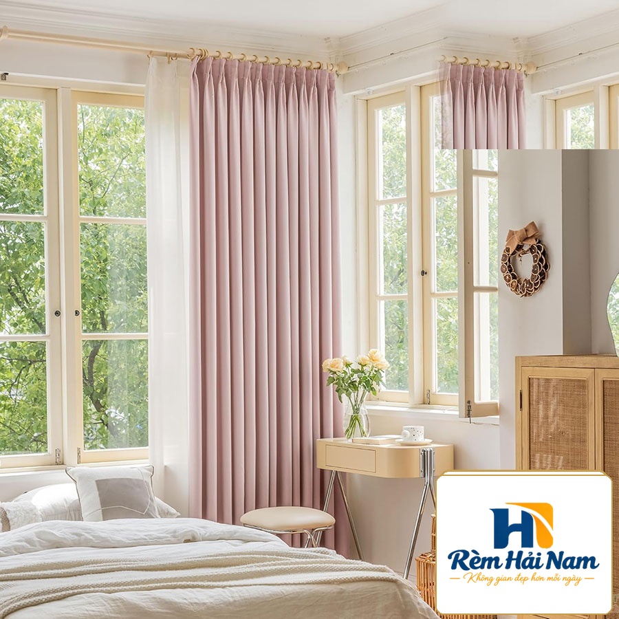 Rèm vải màu hồng đẹp cản nắng tốt HN59